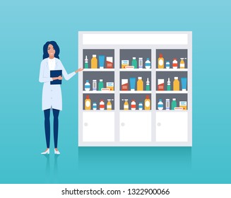 Pharmacist workplace. Vector of pharmacy counter with shelves and health care professional 