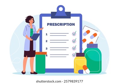 Pharmacist writes prescription. Woman in medical uniform near pills and blisters with medications. Healthcare and medicine. Diagnosis and treatment. Flat vector illustration