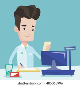 Pharmacist writing on clipboard and holding prescription. Pharmacist in medical gown standing at pharmacy counter. Pharmacist reading prescription. Vector flat design illustration. Square layout.