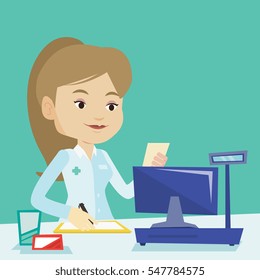 Pharmacist writing on clipboard and holding prescription. Pharmacist in medical gown standing at pharmacy counter. Pharmacist reading prescription. Vector flat design illustration. Square layout.