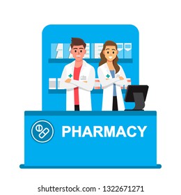 Pharmacist,drugstore,Pharmacists are ready to give advice on drug use..cartoon illustration