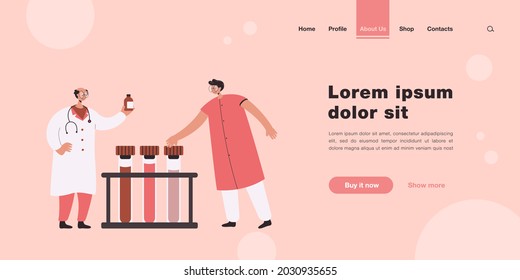 Pharmacists doing research in laboratory. Medical characters analyzing test tubes flat vector illustration. Medicine, healthcare, pharmacy concept for banner, website design or landing web page