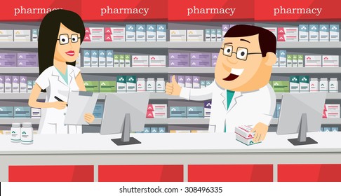 Pharmacists in pharmacy. Modern interior pharmacy and drugstore. Sale of vitamins and medications. Funny vector simple illustration.