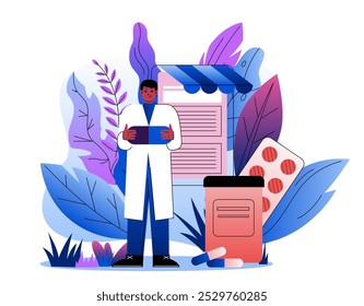 Pharmacists with rx prescription. Man with pills and drugs. Diagnosis and treatment. Healthcare and medicine. Template and layout. Flat vector illustration isolated on white background