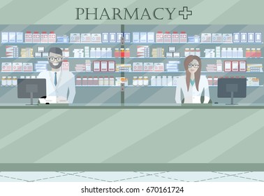  Pharmaciy. Young man and woman at the workplace in a pharmacy: standing in front of shelves with medicines. Vector illustration