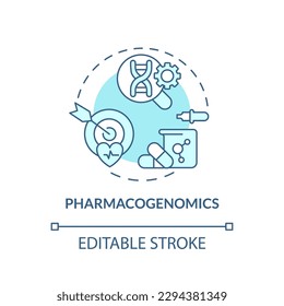 Pharmacogenomics turquoise concept icon. Genes affect on responding to medications. Healthcare. Genomic medicine abstract idea thin line illustration. Isolated outline drawing. Editable stroke