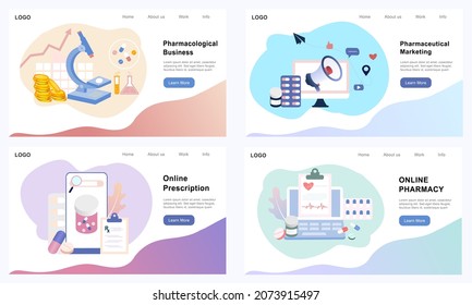 Pharmacological business, pharmaceutical marketing, online prescription, online pharmacy concept. Drugs advertising, medication industry and promotion vector illustration set for UI app, web, banner.