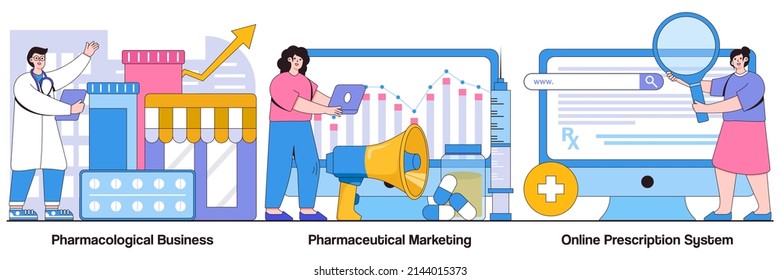 Pharmacological business, pharmaceutical marketing, online prescription system concepts with people characters. Pharmacological internet service development and promotion vector illustration pack.