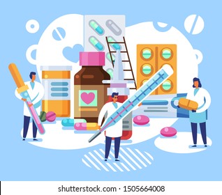 Pharmacological concept. Pills with tiny doctors and pharmacists. Medication, treatment with tablets and healthcare vector chemist products and medicine pharmaceutical work background