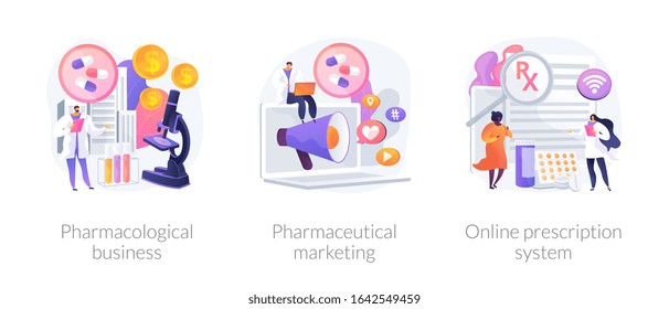 Pharmacological internet service development and promotion. Pharmacological business, pharmaceutical marketing, online prescription system metaphors. Vector isolated concept metaphor illustrations.