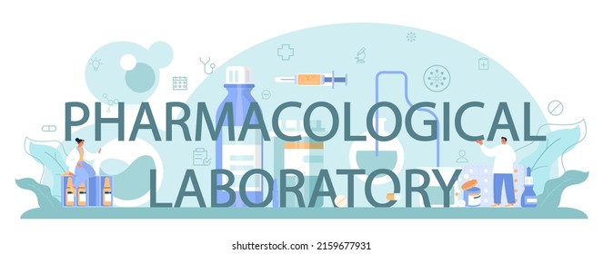 Pharmacological laboratory typographic header. Pharmacist preparing and selling drugs for disease treatment. Healthcare and medical treatment concept. Flat vector illustration