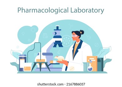 Concepto farmacólogo. Farmacéutico preparando en un laboratorio y vendiendo medicamentos para el tratamiento de enfermedades. Concepto de atención médica y tratamiento médico. Ilustración vectorial plana