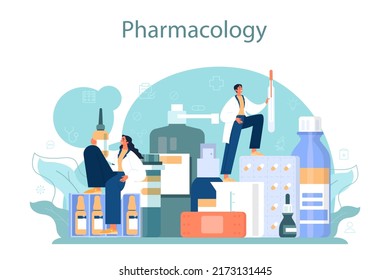 Pharmacologist concept. Pharmacist preparing in a laboratory and selling drugs for disease treatment. Healthcare and medical treatment concept. Flat vector illustration