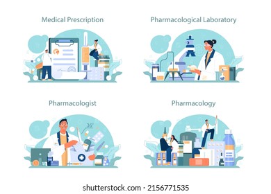 Pharmacologist concept set. Pharmacist preparing in a laboratory and selling drugs for disease treatment. Healthcare and medical treatment concept. Flat vector illustration