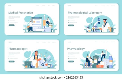 Pharmacologist web banner or landing page set. Pharmacist preparing in a laboratory and selling drugs for disease treatment. Healthcare and medical treatment concept. Flat vector illustration