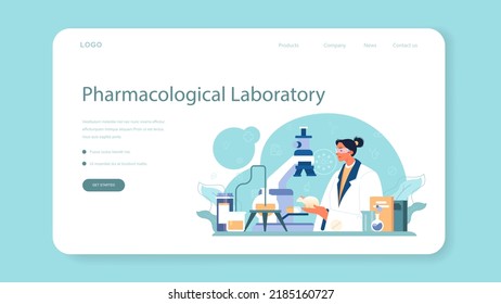 Banner o página de aterrizaje para farmacólogos. Farmacéutico preparando en un laboratorio y vendiendo medicamentos para el tratamiento de enfermedades. Concepto de atención médica y tratamiento médico. Ilustración vectorial plana