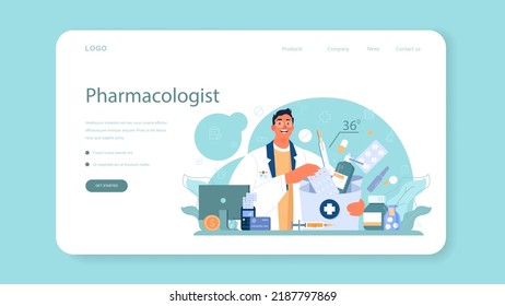 Pharmacologist web banner or landing page. Pharmacist preparing in a laboratory and selling drugs for disease treatment. Healthcare and medical treatment concept. Flat vector illustration