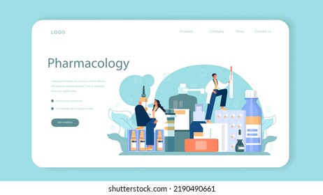 Banner o página de aterrizaje para farmacólogos. Farmacéutico preparando en un laboratorio y vendiendo medicamentos para el tratamiento de enfermedades. Concepto de atención médica y tratamiento médico. Ilustración vectorial plana