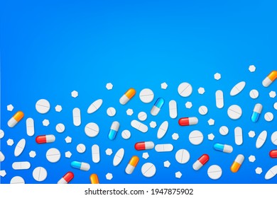 pharmacology abstract background for medicine. various capsules, tablets and pills scattered on the table.Painkillers, antibiotics, vitamins, amino acids, minerals, bio active additive