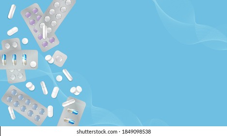 Pharmacology background, medicine card, Pharmacy Posters, healthcare presentation, Medication Concept. Template design with drugs and Pills,  capsules. Copy space