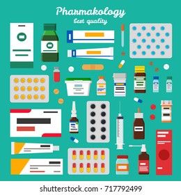 Pharmacology best quality representing icons of pills, ointments and inhalers, syringes and syrups vector illustration isolated on green