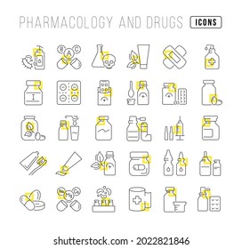 Pharmacology and Drugs. Collection of perfectly thin icons for web design, app, and the most modern projects. The kit of signs for category Medicine.