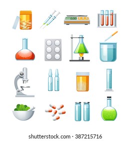 Pharmacology flat icons collection with microscope pills tablets and mixture medications microscope abstract isolated vector illustration