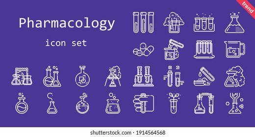 conjunto de iconos de farmacología. estilo de icono de línea. iconos relacionados con la farmacología, como pastillas, tubo de ensayo, tubos de ensayo, matraz, vaso de precipitado