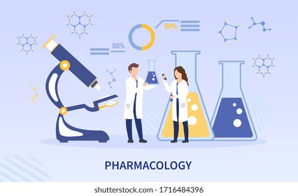 Laboratorio de farmacología con científicos que realizan pruebas, experimentos e investigaciones con microscopio y radiadores, ilustraciones vectoriales coloreadas con texto