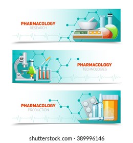Pharmacology scientific research technologies and production 3  horizontal banners set with molecule structure abstract isolated illustration vector