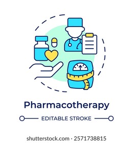 Pharmacotherapy multi color concept icon. Medicine prescription, medicaments. Weight measurement. Round shape line illustration. Abstract idea. Graphic design. Easy to use in infographic