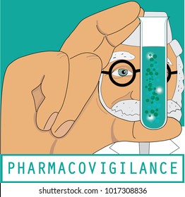 Pharmacovigilance, control and evaluation in pharmacy, clinical trials. Test tube with molecules.