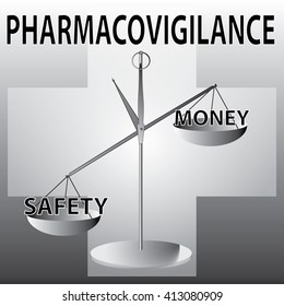 Pharmacovigilance vector picture. Evaluation and control in pharmacy. Scale with safety and money