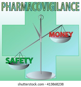 Pharmacovigilance vector picture. Evaluation and control in pharmacy. Scale with safety and money
