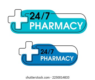 Pharmacy 24-7 emblem - round-the-clock medical service with cross in thin line