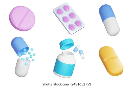 Pharmacy, 3d icon set. Drug pills, capsules and tablets. 3D object on a transparent background