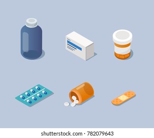 
Pharmacy 3d isometry icons set. Flat style isometric  vector illustration.