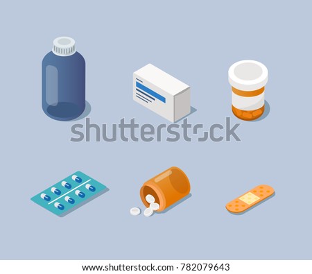 
Pharmacy 3d isometry icons set. Flat style isometric  vector illustration.