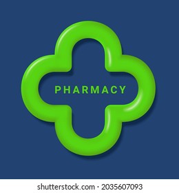 Pharmacy 3d symbol, rounded green cross, volume line