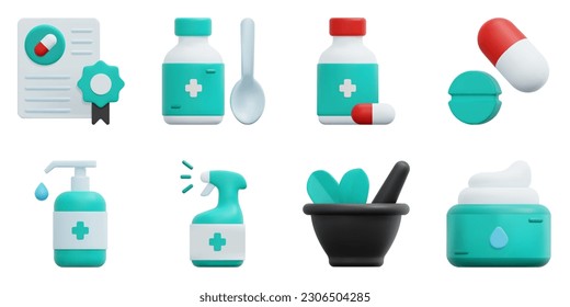 Pharmacy 3d vector icon set. Certificate, cough, cream, hand sanitizer, medicine, mortar, pills, spray. Isolated on white background. 3d icon vector render illustration.