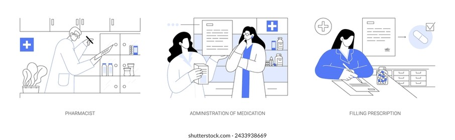 Pharmacy abstract concept vector illustration set. Pharmacist service, administration of medication, filling pills prescription, drugstore customers, professional chemist job abstract metaphor.