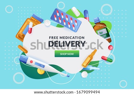 Pharmacy abstract white frame with pills, drugs, medical bottles. Drugstore vector background. Medicine, healthcare or home delivery service banner, poster design template with copy space