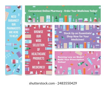 Pharmacy advertising banner poster with cure treatment pharmaceuticals medication design template set vector flat illustration. Healthcare medical shop store commercial information for healing