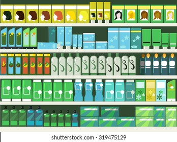 Pharmacy Aisle In The Supermarket, Shelves Filled With Hair And Beauty Products, ESP 8 Vector Illustration