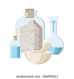Pharmacy or alchemy concept. Chemistry equipment. Set of bottle with powder, bottle with liquid, flask and mortar with pestle. Vintage vector illustration in flat style. 