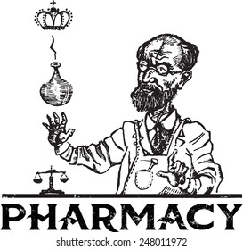 Pharmacy. Ancient druggist. Vector imitation of a woodcutting