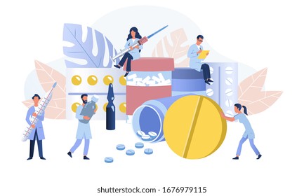 Pharmacy or apothecary concept. Pharmacists care about people. Pharmaceutical science development. Flat vector Illustration