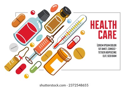 Volante de farmacia de farmacia de farmacia apothecary drogstore, gran composición conjunto de medicamentos vectoriales ilustración plana aislada, banner de publicidad atención de salud y diseño de temas médicos de curación.