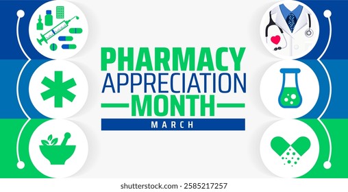 Pharmacy Appreciation Month background banner or poster design template. observed every year in March. Holiday concept. Use to any Template, card, poster, placard, template.
