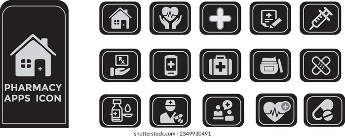 Juego de iconos de las aplicaciones de farmacia. Medicina, venda, medicación, prescripción, tratamiento,
 símbolo de estado y jeringa.
 Colección vectorial de iconos sólidos en blanco y negro.